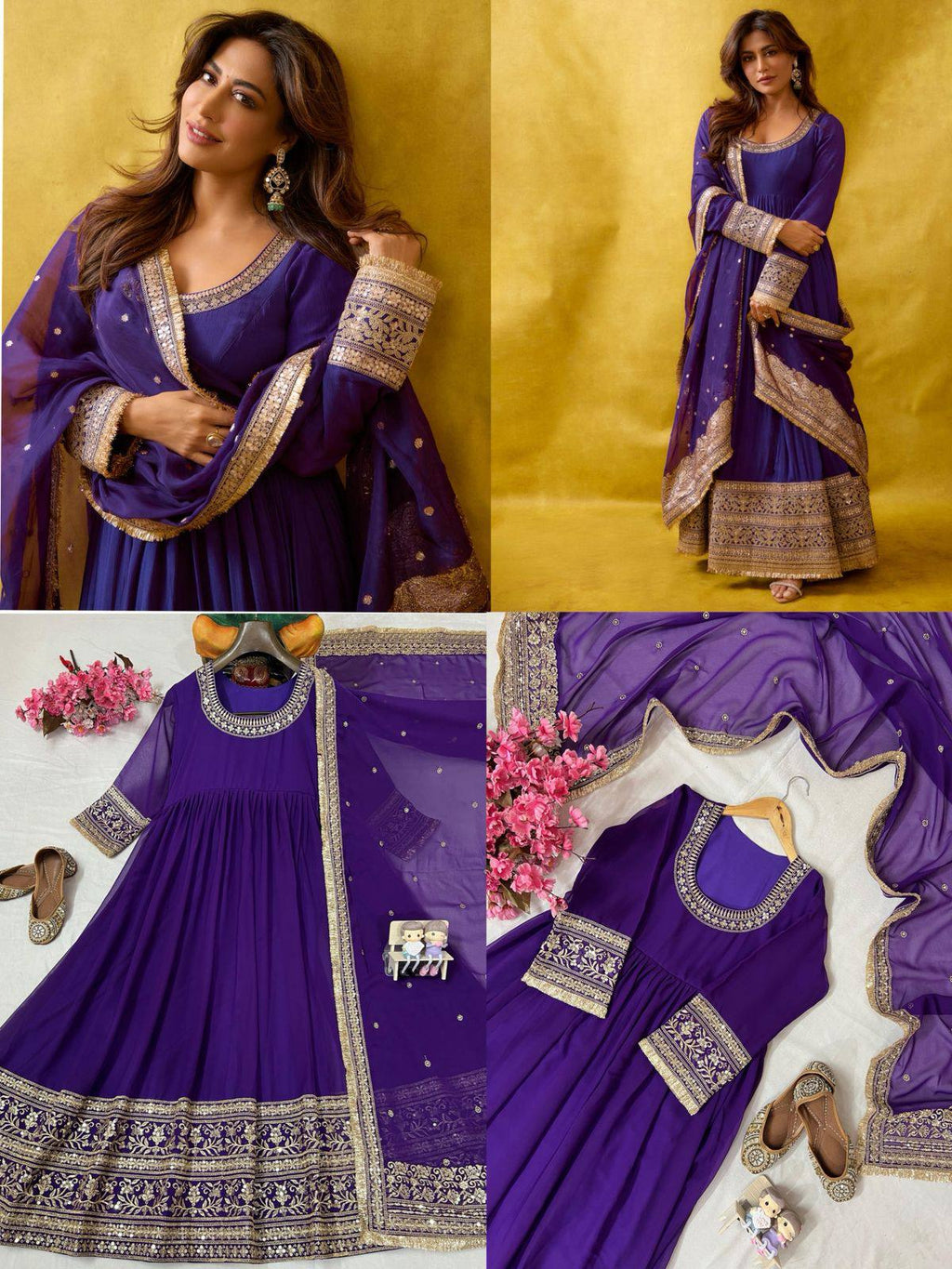 Model in purple Anarkali gown, collage of close-up, full shot, and flat lays.