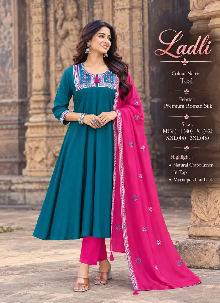 Teal Roman silk Anarkali suit with embroidered yoke and pink dupatta on model