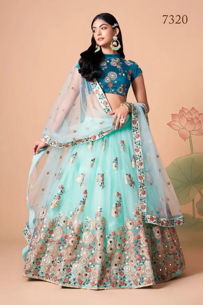Designer Aqua Blue Lehenga Choli - Heavy Embroidered Wedding Wear for Women