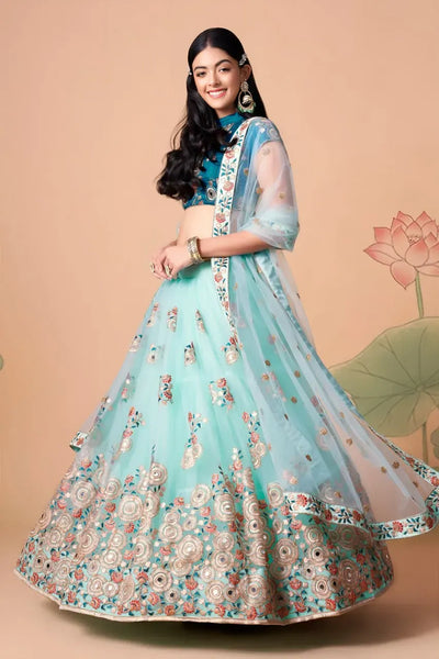 Designer Aqua Blue Lehenga Choli - Heavy Embroidered Wedding Wear for Women