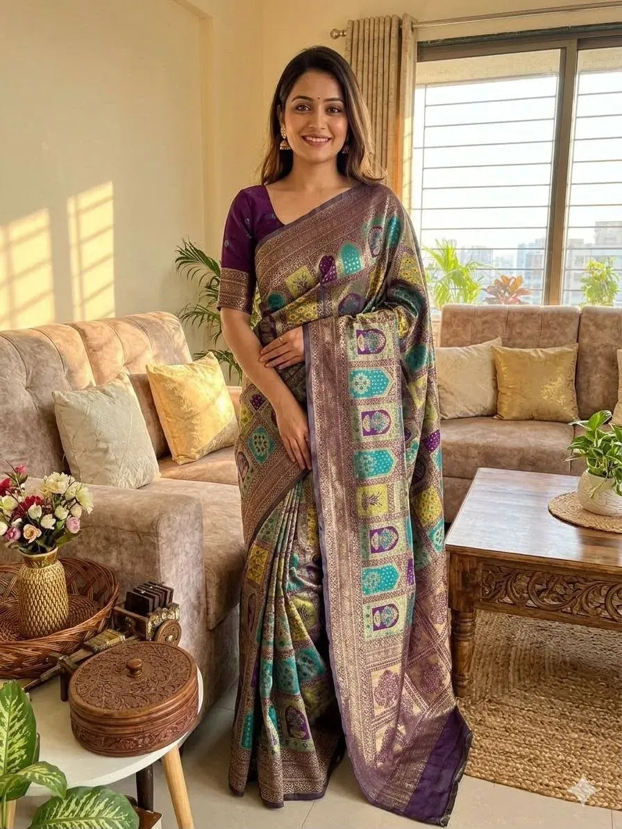 Model wearing multi-color banarasi silk saree indoors