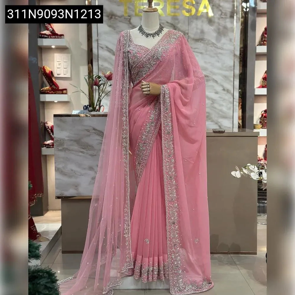 TRENDBUY Designer Bridal Saree in Rose Pink Georgette with heavy sequence and pearl handwork, full mannequin front view.