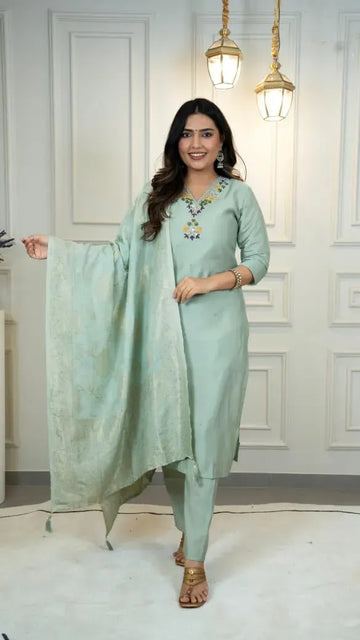 Designer C-Green Roman Silk Kurti Pant Dupatta Set - Hand Work for Women