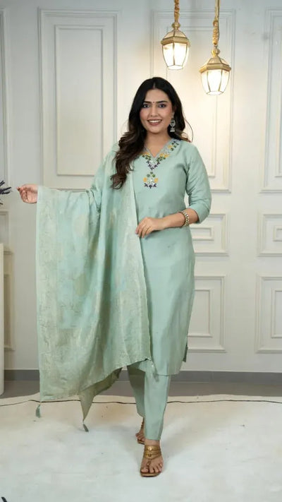 Designer C-Green Roman Silk Kurti Pant Dupatta Set - Hand Work for Women