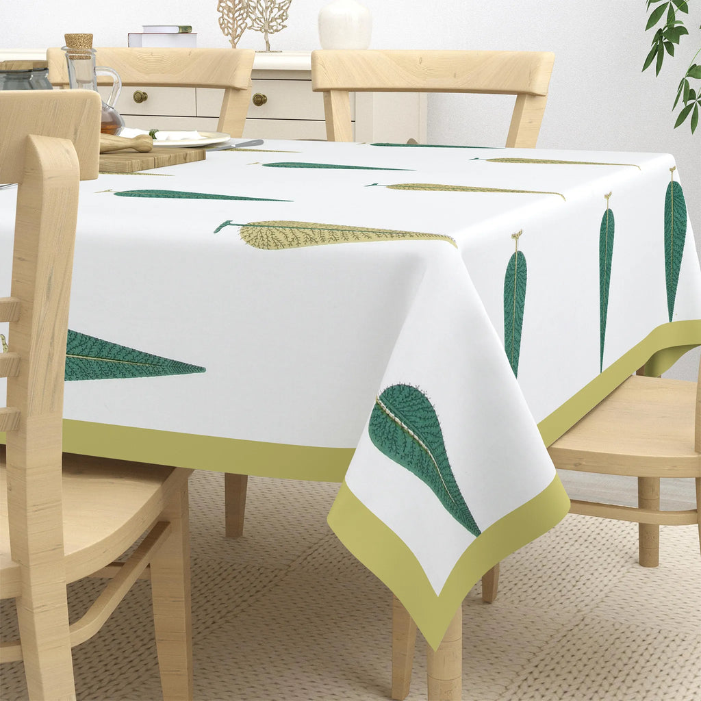 Green leaf block print canvas dining table cover on 6 seater wooden table