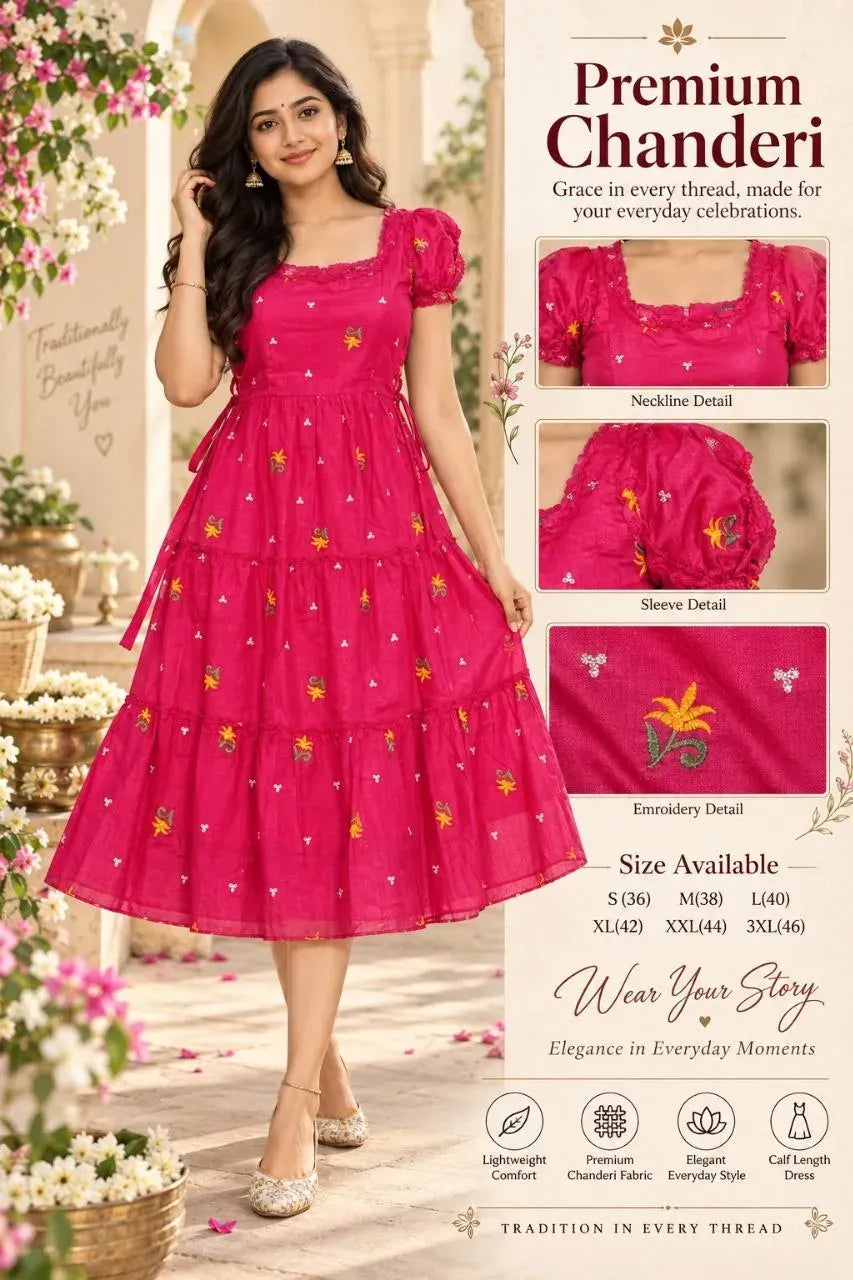 Model wearing hot pink Chanderi cotton maxi dress with floral embroidery
