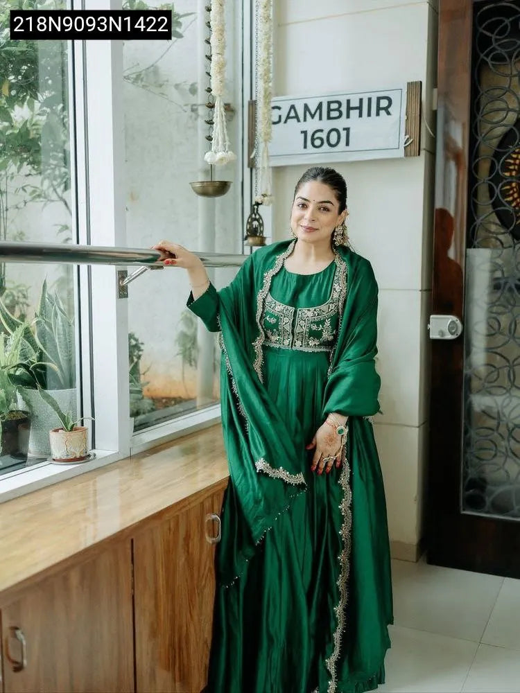 TRENDBUY Emerald Green Designer Chinon Silk Anarkali Gown with Koti and Dupatta, model smiling front view