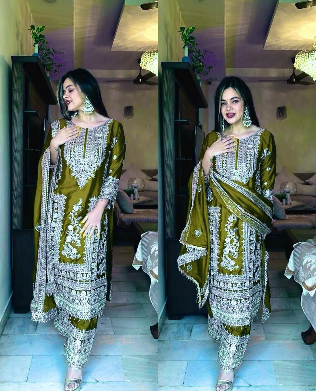 Model in TRENDBUY Olive Green Designer Chinon Silk Embroidered Suit Set, perfect for parties.