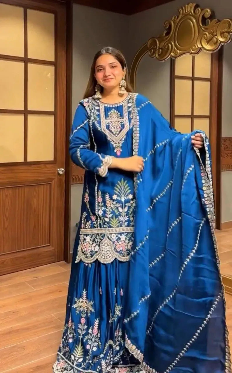 Premium Chinon Silk Party Wear Sharara Suit with Heavy Embroidery