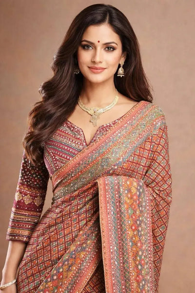 Designer Chinon Silk Saree - Elegant Handwork & Digital Print for Women