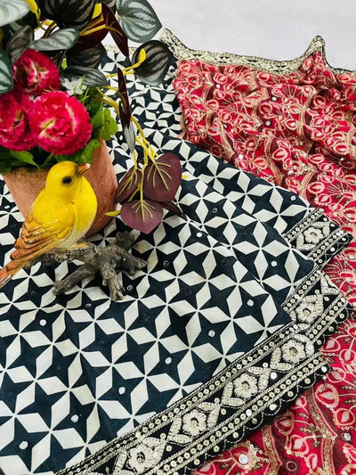 Designer Chinon Silk Saree - Exclusive Mirror Work Party Wear