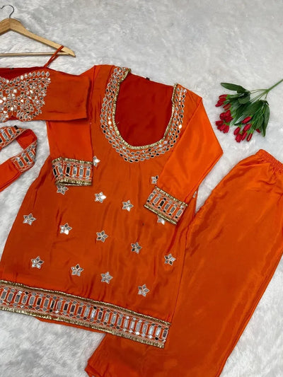 Designer Chinon Suit Set - Heavy Mirror Work Festive Wear for Women
