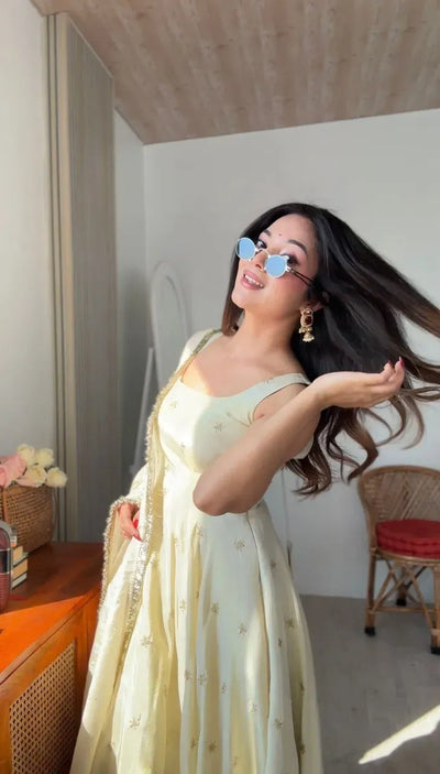 Designer Cosmos Gold Gown with Dupatta - Embroidered Party Wear for Women | M-XXL