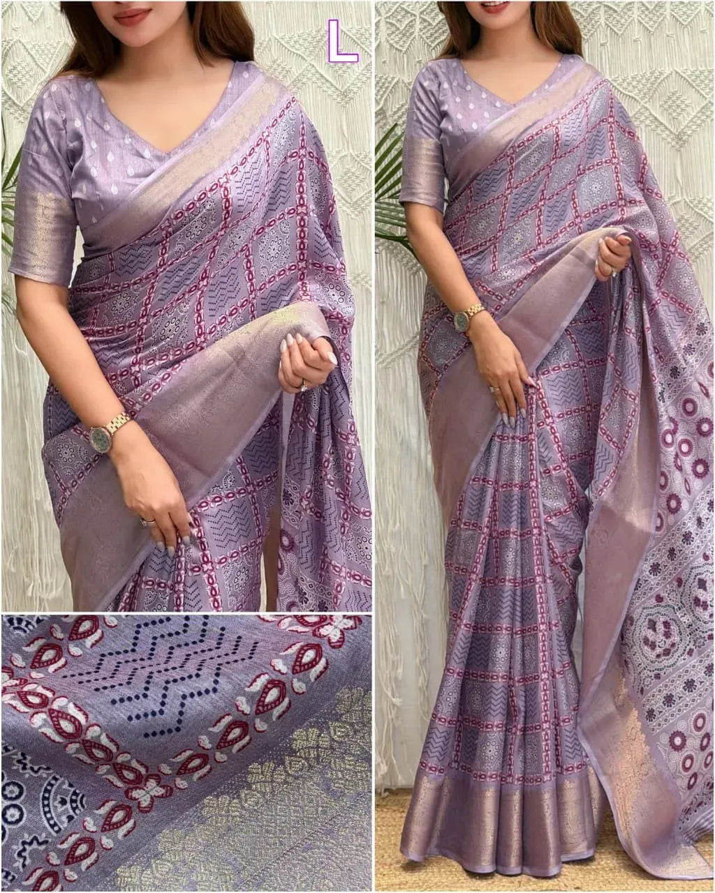 Model wearing purple cotton ajrakh printed saree with zari border