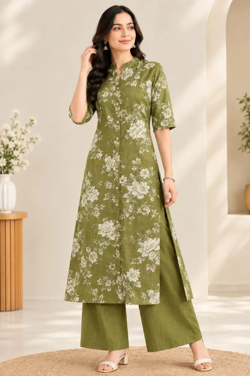 Woman wearing olive green floral printed A-line co-ord set with ankle pant