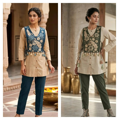 Designer Cotton Co-Ord Set with Embroidered Vest for Festive Wear