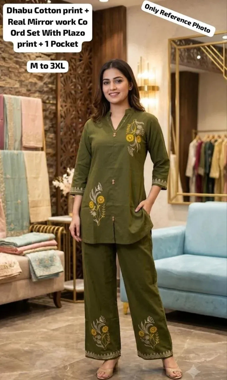 Woman wearing olive green cotton cord set with matching plazo and pocket