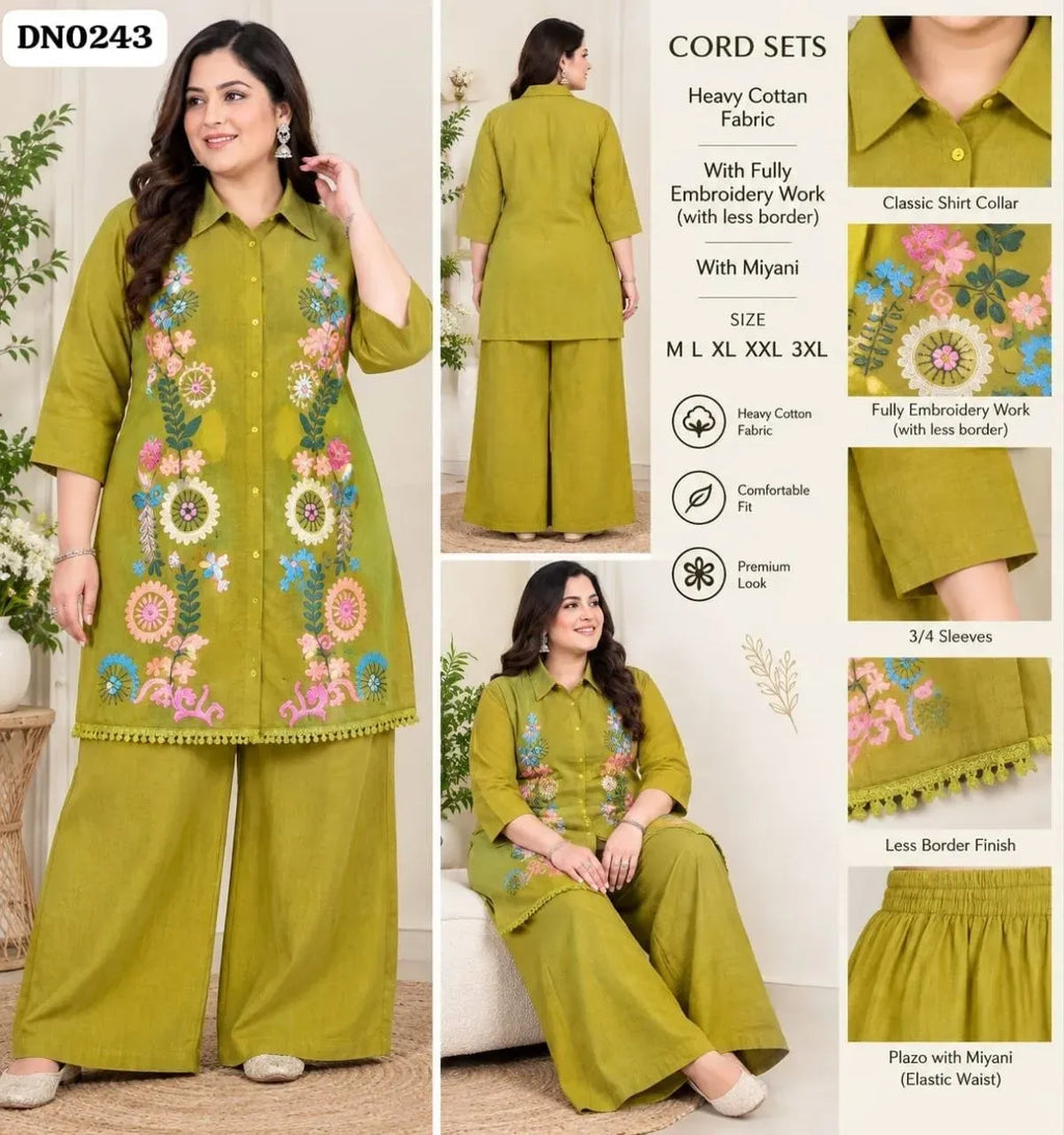 Olive green heavy cotton cord set with full embroidery on model