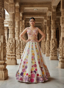 Designer Cream Chinon Lehenga - Heavy Embroidery Wedding Wear