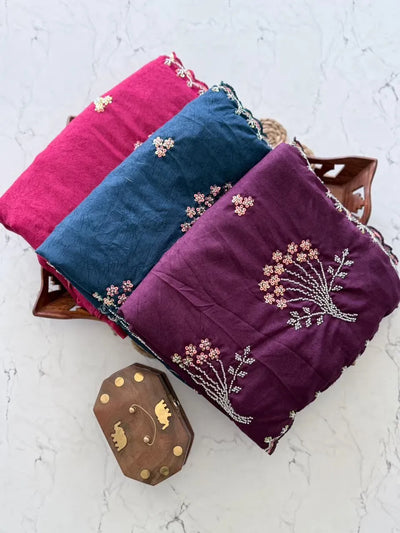 Designer Crunchy Texture Saree - Intricate Handwork & Scalloped Border for Women