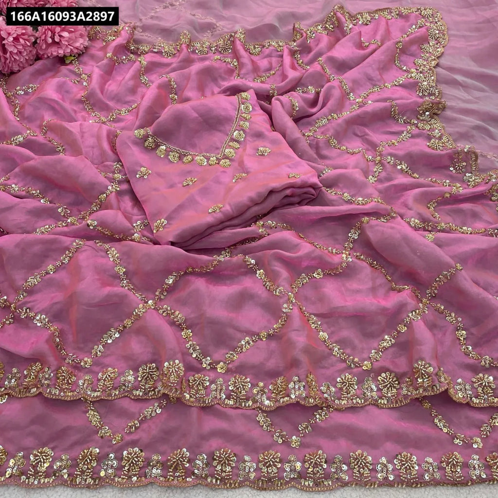 Pink Designer Cut Dana Satin Silk Saree with handwork and sequence work, flat lay view with matching unstitched blouse.