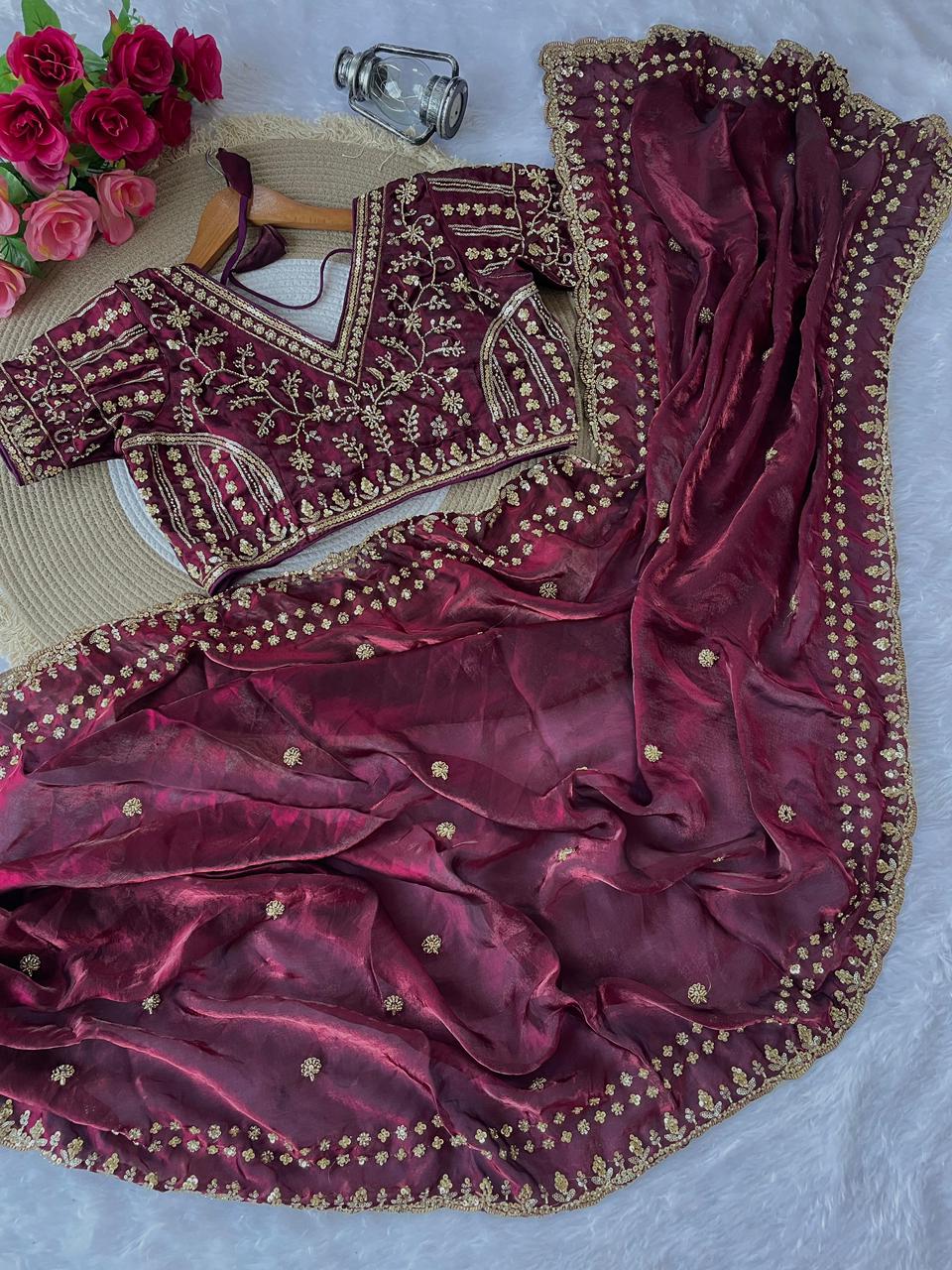 TRENDBUY Maroon Fandy Satin Silk Saree with Cut Dana and Sequence Work, featuring an elegant embroidered blouse, perfect for festive occasions.