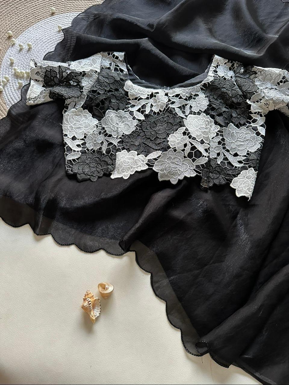 Black Space Silk Saree with Black and White Lace Blouse by TRENDBUY
