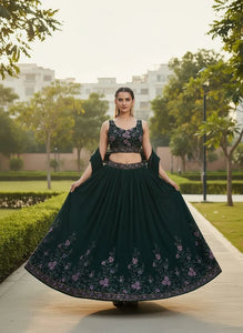 Designer Dark Green Georgette Lehenga - Embroidered Wedding Wear