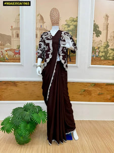 Designer Deep Brown Lehenga-Saree - Embroidered Flair for Festive Wear