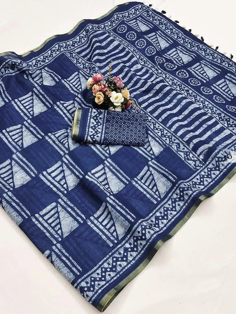 Blue malmal cotton saree with geometric denim print and zari border