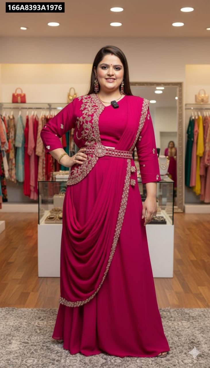 Full body shot of Model in Magenta Ready-to-Wear Lehenga Saree with Embroidery