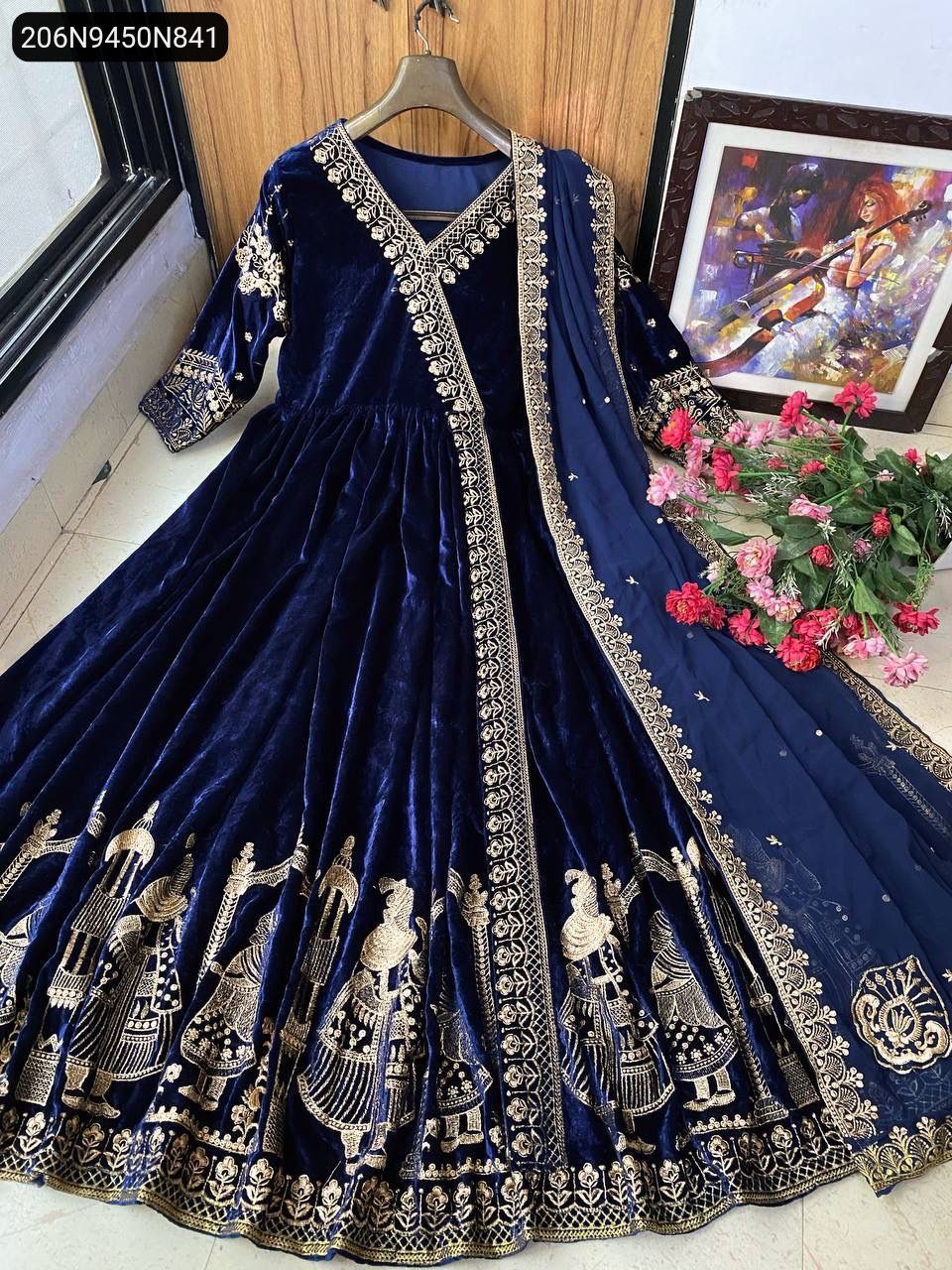 white christmas dresses Heavy Flair Winter Special Velvet Anarkali Gown With Pent main image 1