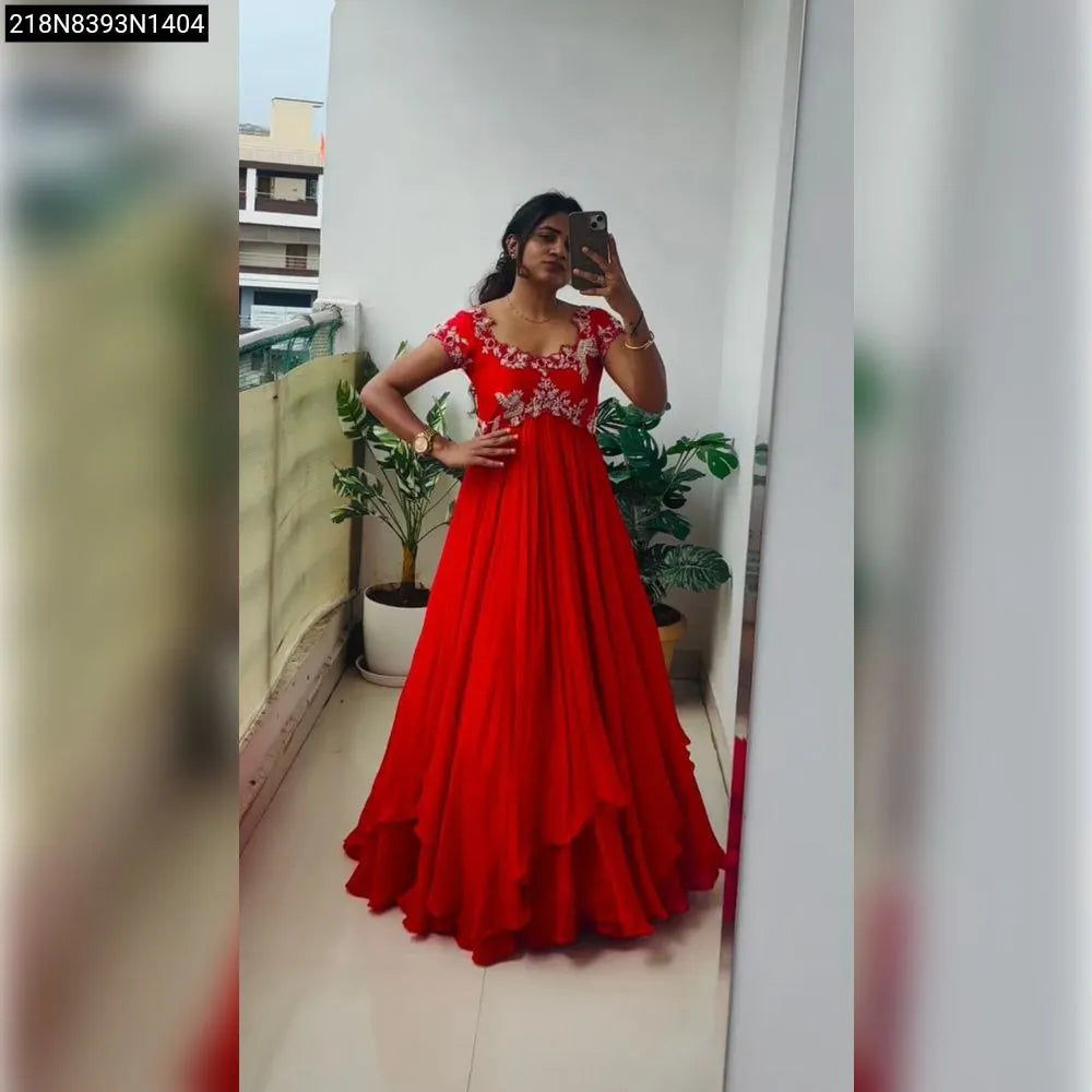 Model wearing TRENDBUY Red Designer Anarkali Gown with Embroidery Sequins Work for party