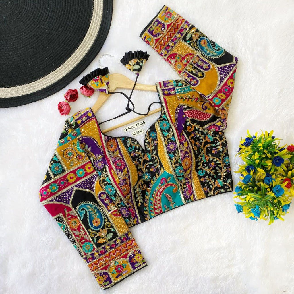 TRENDBUY Designer Embroidered Blouse in Black with multi-color work, full sleeves