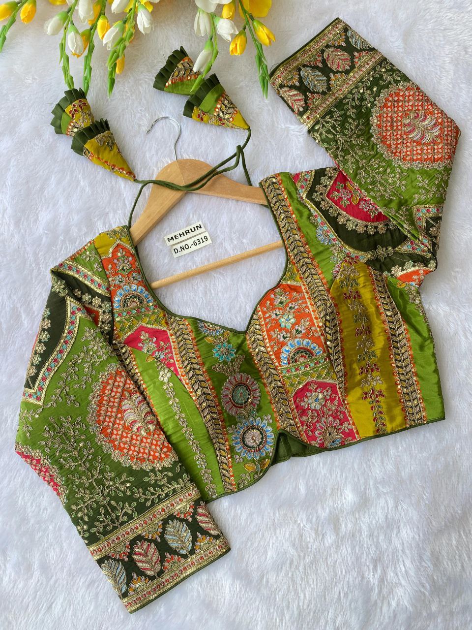 TRENDBUY Emerald Green Multi-Color Embroidered Party Wear Blouse for Women