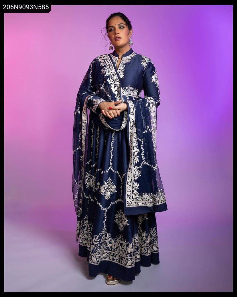 Full body shot of model wearing the stunning navy blue embroidered Chinon Silk gown with flowing dupatta.