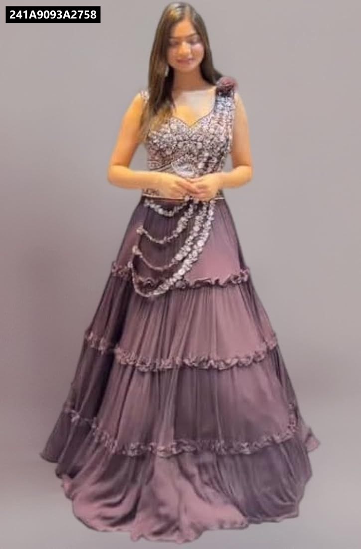 Full body shot of a woman wearing TRENDBUY Designer Chinon Silk Lehenga Choli, an elegant party wear outfit in plum color