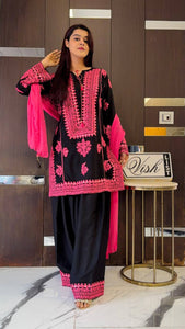 Designer Embroidered Natural Crepe Silk Women's Top-Bottom Dupatta Set | Ready-to-Wear
