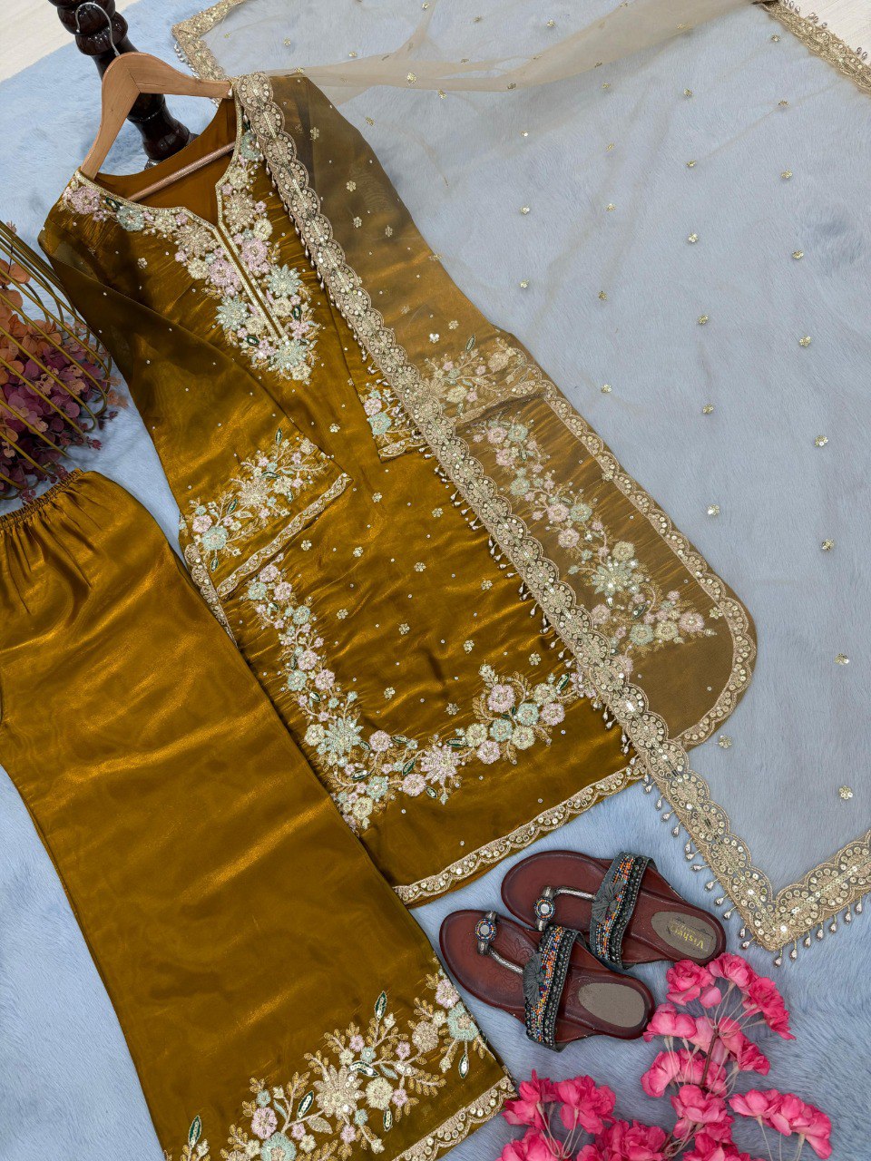 Designer Golden Mustard Plazzo Suit with Embroidery and Sequence Work for Women