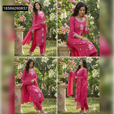 Designer Embroidered Roman Silk Kurti Pant Dupatta Set for Women | Ethnic Wear