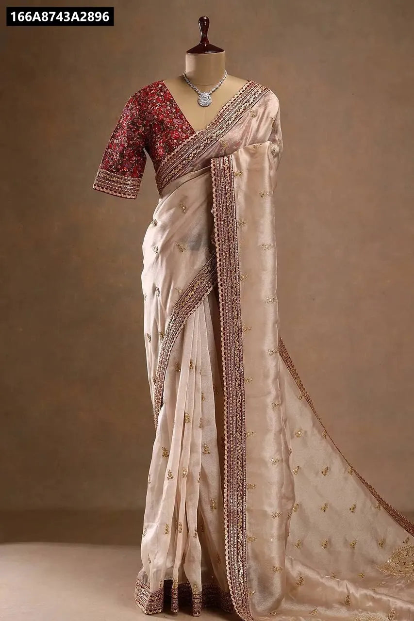 TRENDBUY Champagne Gold Embroidered Silk Saree with Red Blouse on mannequin, full front view