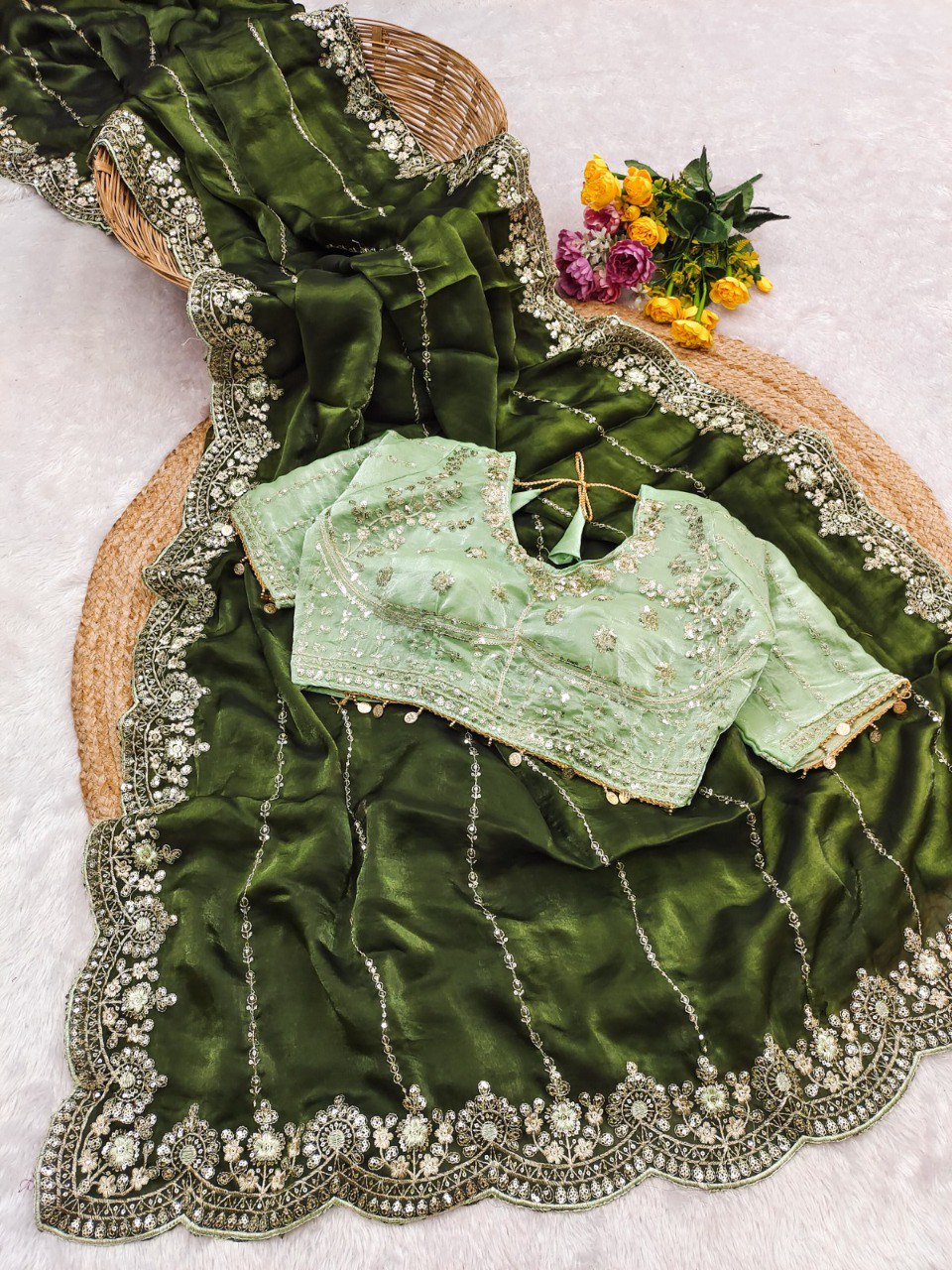 Forest Green Designer Saree with Light Green Embroidery Blouse