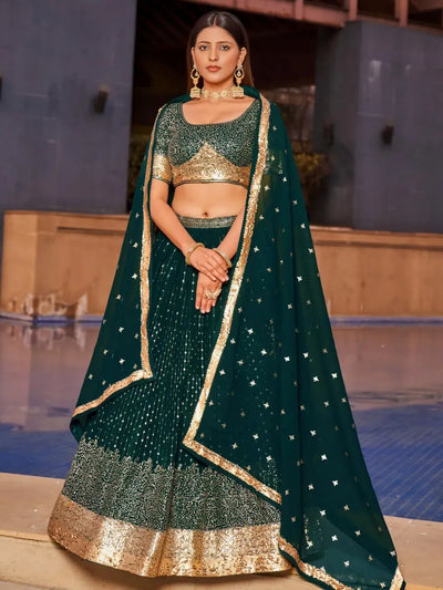 Designer Emerald Green Sequin Lehenga - Heavy Embroidery Party Wear for Women