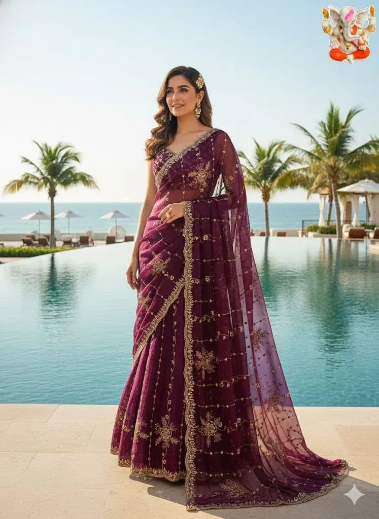 Premium Fendy Chiffon Embroidered Saree for festive wear
