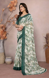 Designer Floral Printed Saree - Bright Moss Satin for Women