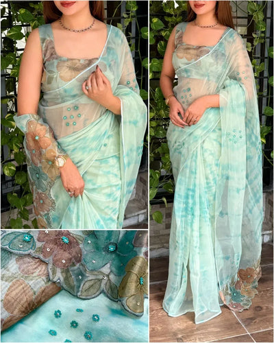 Designer Glass Tissue Saree - Hand Applique Work for Women