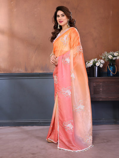 Designer Gold Crush Pink Saree - Elegant Embroidery for Parties