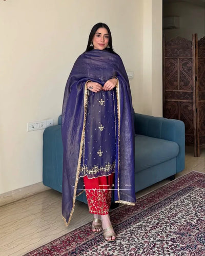 Exclusive Gold Crushe Silk Embroidered Kurta Set with Devsena Silk Plazzo for Festive Celebrations