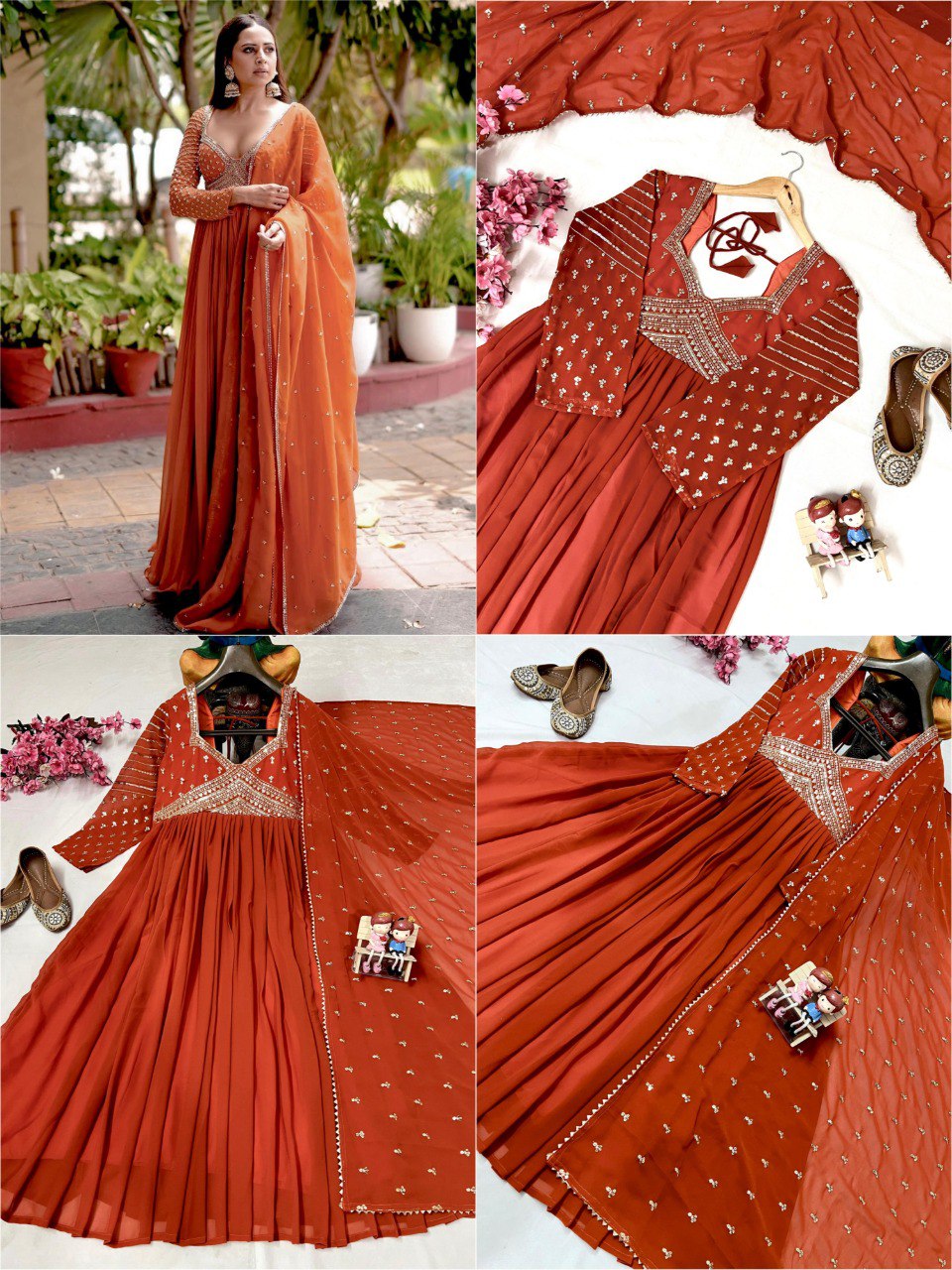 Full length shot of a woman in a rust orange designer georgette gown with embroidered bodice and dupatta, outdoor setting.