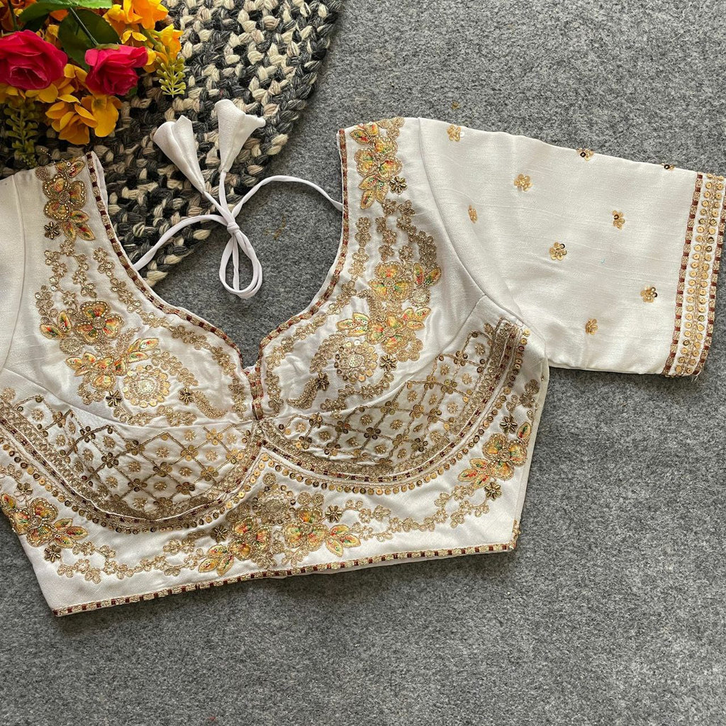 White Designer Handwork Silk Blouse for Women
